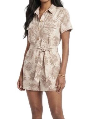 Linen Blend Romper Small Neutral Palm Print Tie Waist Pockets | Matty M